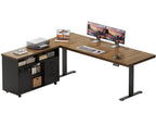 OffiGo 71-inch executive L-shaped standing desk with a walnut-brown desktop, black legs and a rolling black storage cabinet, shown on a white background with monitors, a printer and organized cabinet storage.