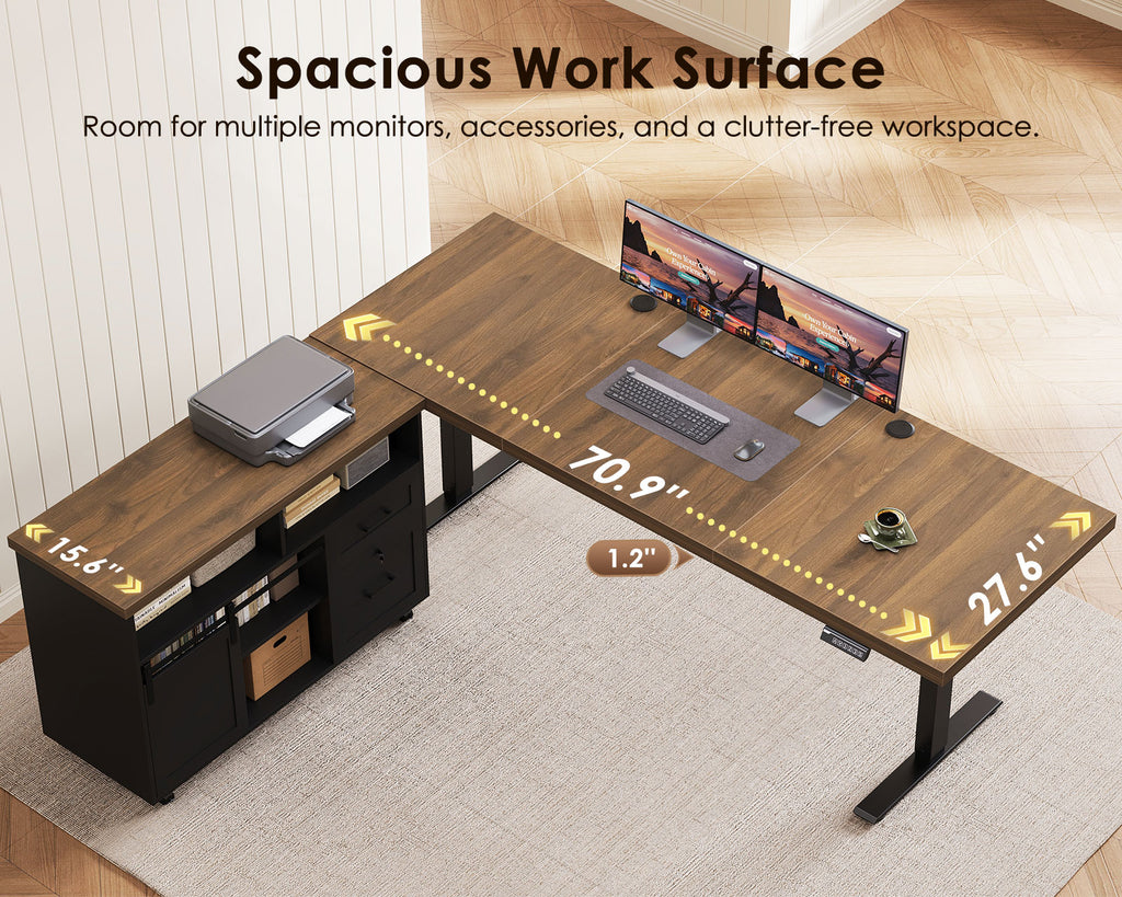 Overhead view of the OffiGo 71-inch executive L-shaped standing desk with a walnut-brown desktop, black legs and a rolling black storage cabinet, highlighting the spacious desktop and its labeled 1.2-inch thickness.