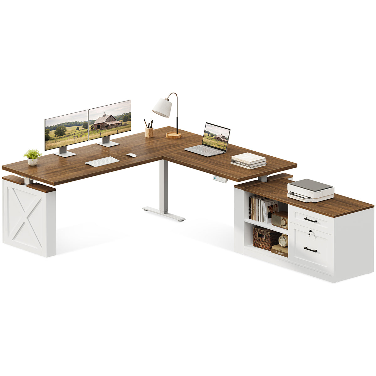OffiGo 71-inch farmhouse L-shaped standing desk with a walnut-brown desktop, white X-brace side panel and white cabinet with open shelves and drawers, shown on a white background with dual monitors, a laptop and a printer on the cabinet top.