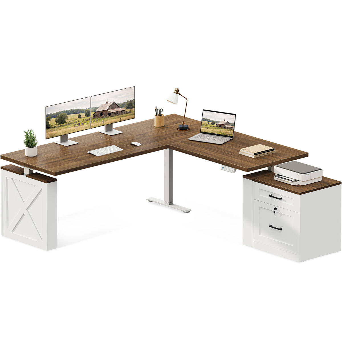 OffiGo 71-inch farmhouse L-shaped standing desk with a walnut-brown desktop, white X-brace side panel and white two-drawer file cabinet, shown on a white background with dual monitors, a laptop and a printer on the cabinet top.