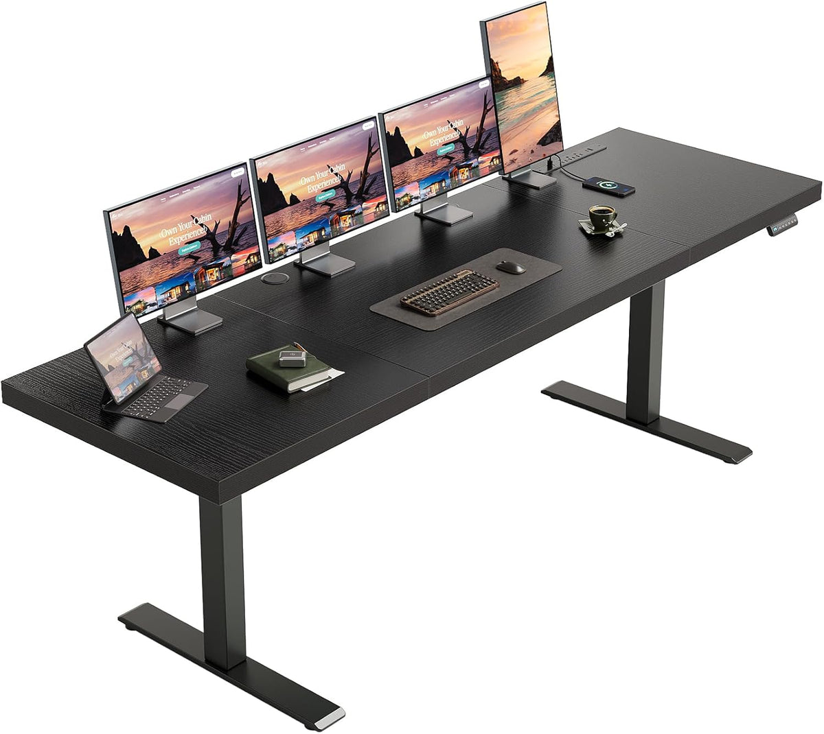 OffiGo 79-inch black executive electric standing desk with a three-panel desktop, built-in power outlets and four monitors on stands.