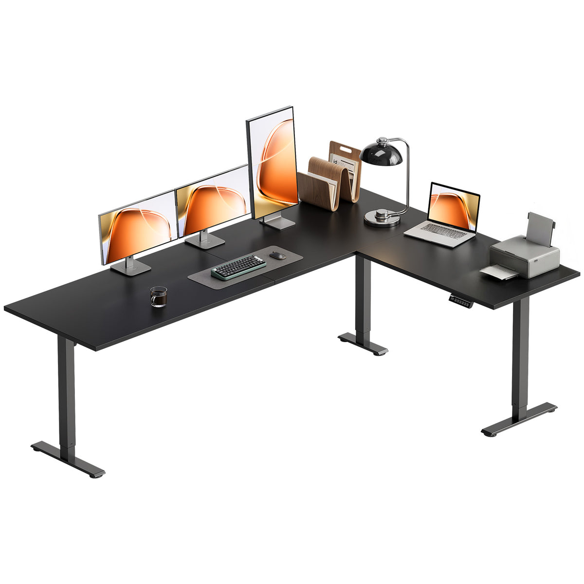 OffiGo 79-inch black L-shaped electric standing desk with three monitors, a laptop and a printer on its spacious corner desktop.