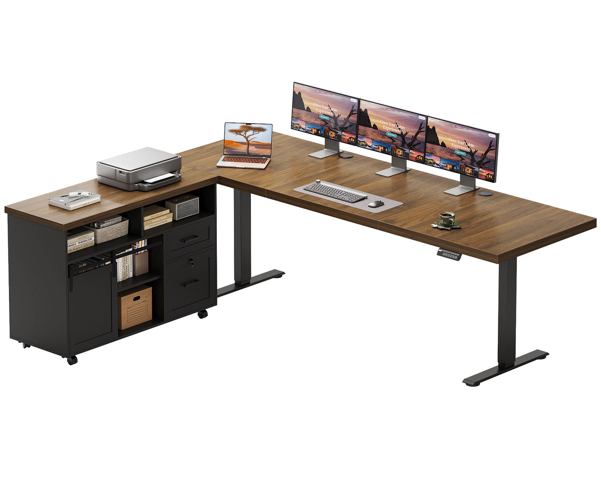 OffiGo 79-inch executive L-shaped standing desk with a walnut-brown desktop, black legs and a rolling black storage cabinet, shown on a white background with monitors, a printer and organized cabinet storage.