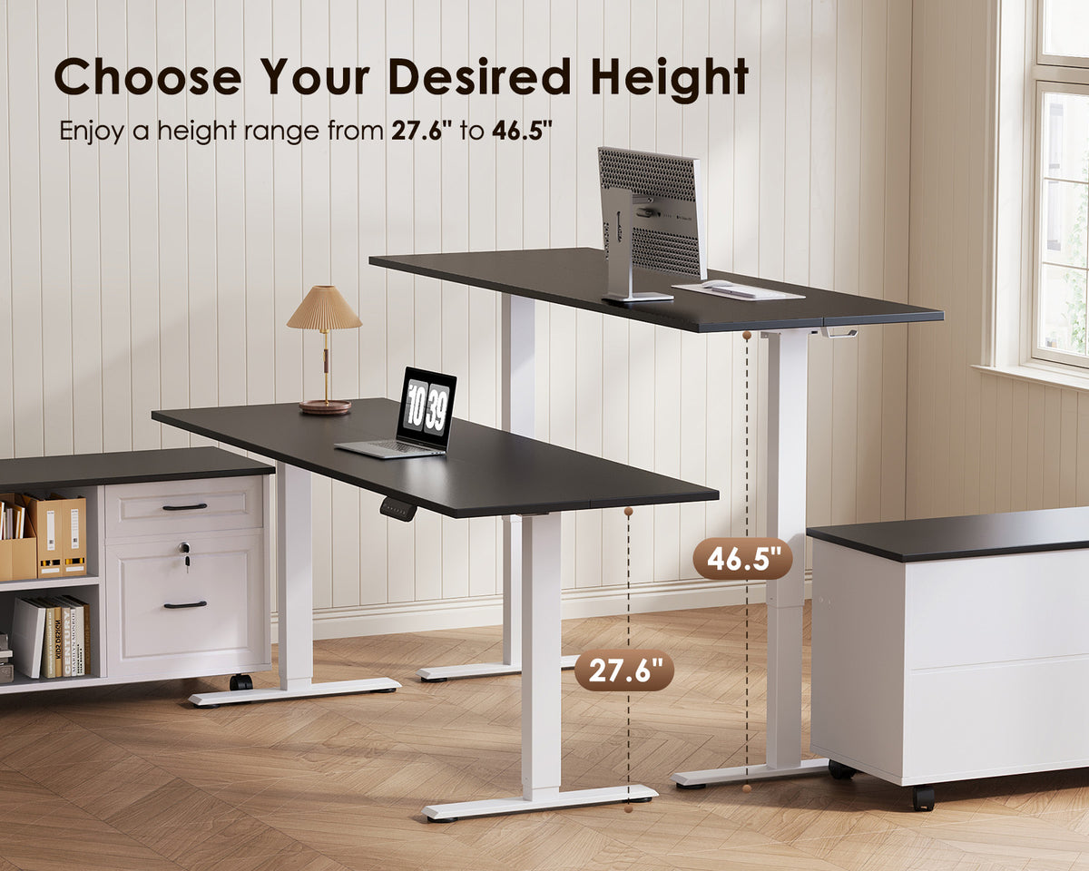 OffiGo standing desk with a black desktop, white legs and matching rolling file cabinet, shown at seated and standing positions with the corrected 27.6 to 46.5-inch height adjustment range.