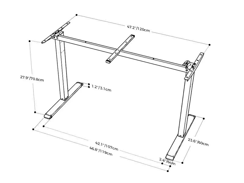 Line drawing of OffiGo electric standing desk frame with motorized base dimensions