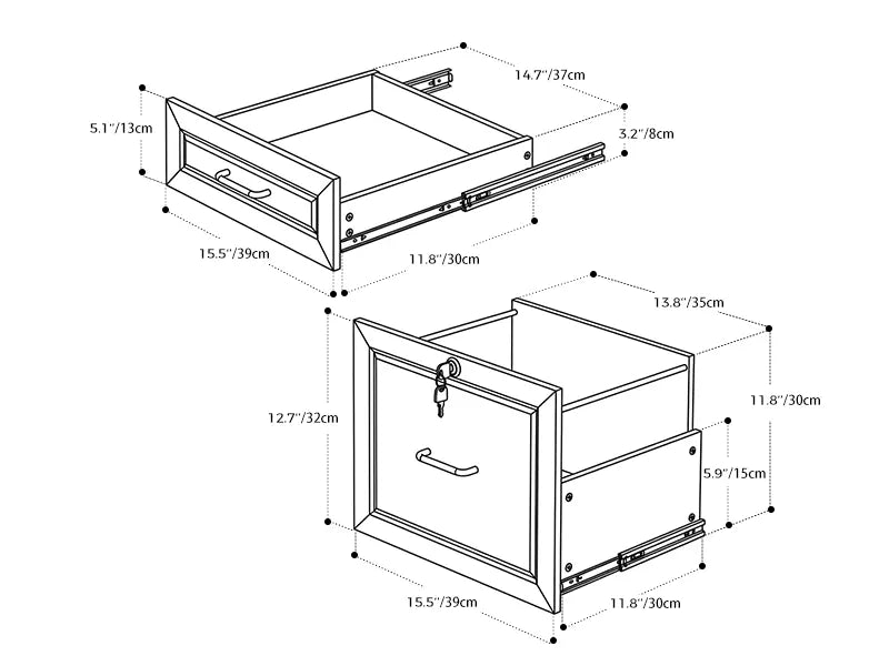 Line drawing of OffiGo file cabinet drawer dimensions and lockable storage details