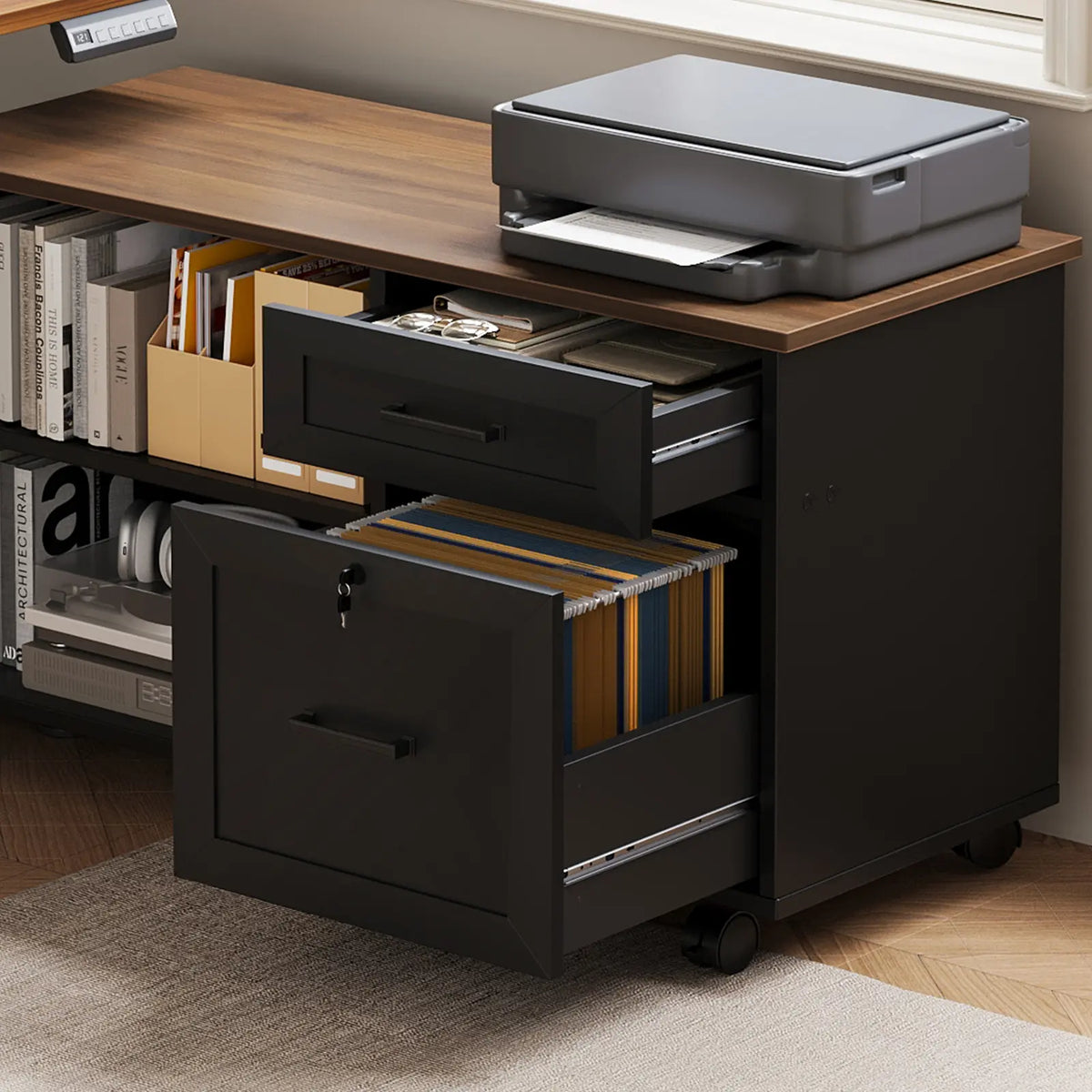 Close-up of an OffiGo mobile file cabinet with an open accessory drawer and a hanging-file drawer beneath a printer.