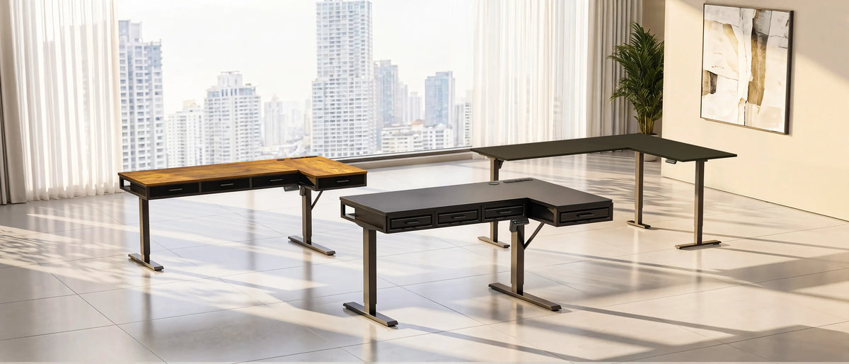 Three OffiGo L-shaped standing desks in wood-look and dark finishes displayed in a bright room overlooking the city.