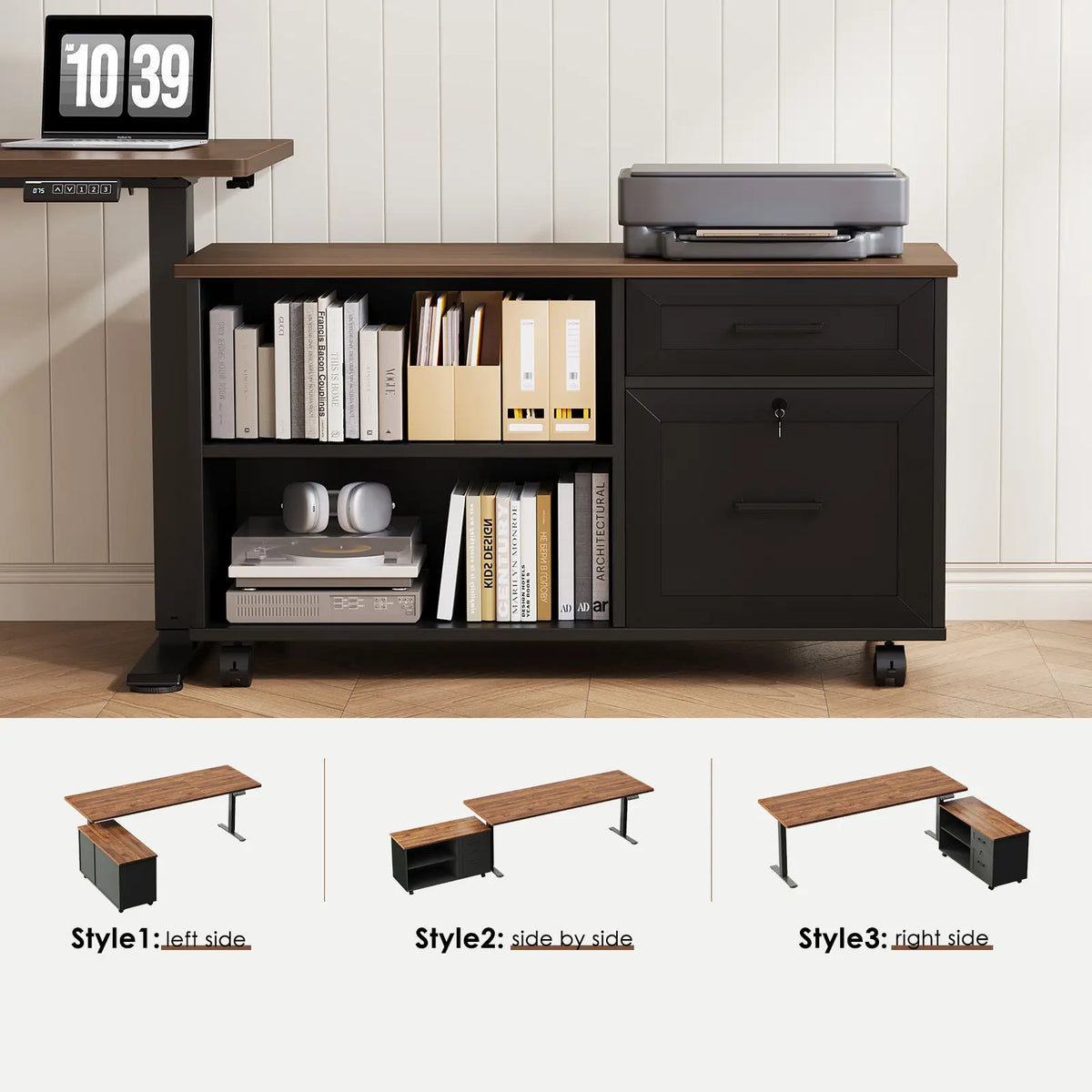 OffiGo mobile file cabinet with open shelves and drawers, shown to the left, alongside, and to the right of a standing desk.