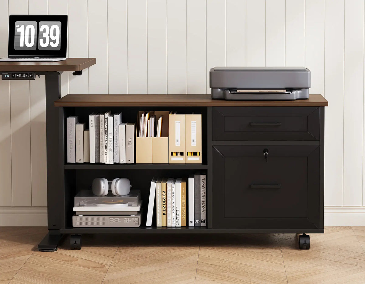 OffiGo mobile file cabinet with a wood-look top, open bookshelves, and two closed drawers, used as a printer stand.