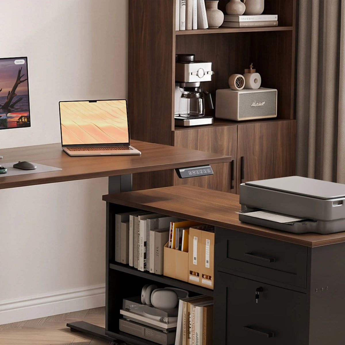 Height control panel beneath an OffiGo wood-look standing desk, beside a mobile storage cabinet with a printer.