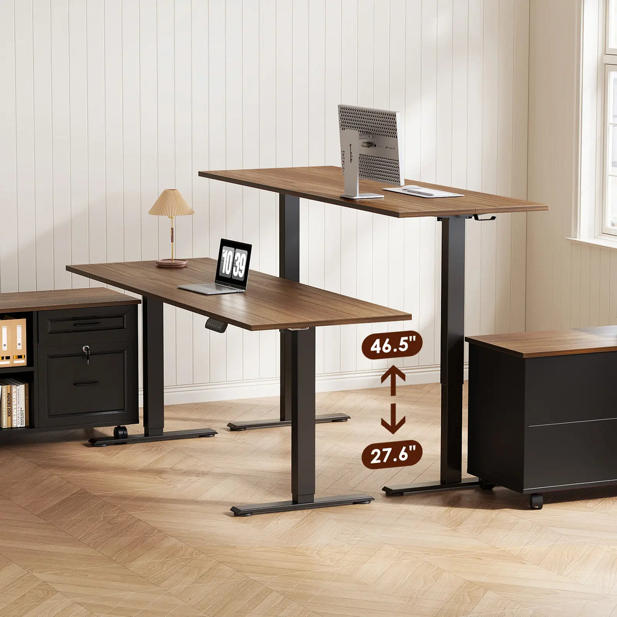 OffiGo standing desk shown at sitting and standing heights beside a mobile storage cabinet.