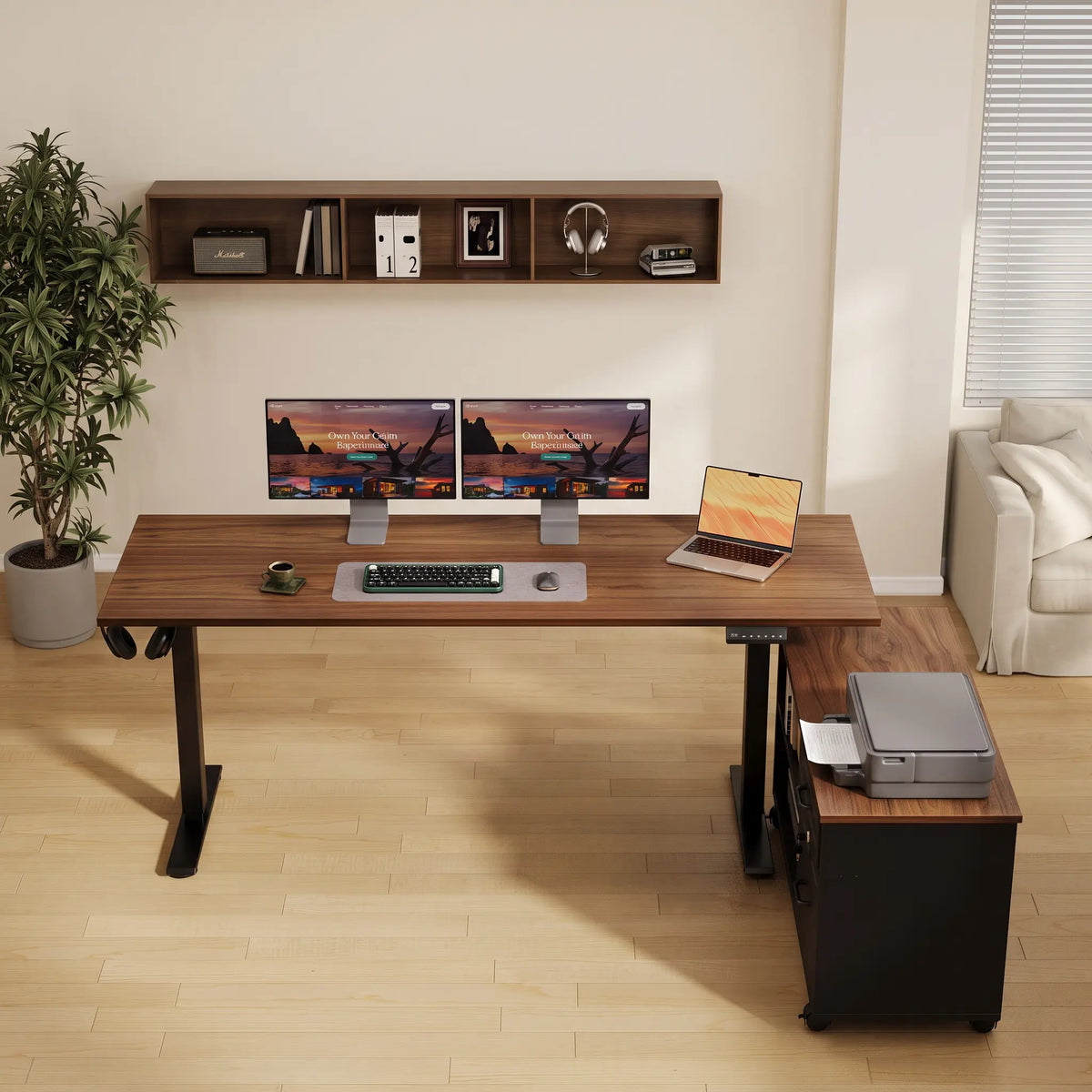 OffiGo wood-look standing desk with dual monitors and a laptop, paired with a mobile storage cabinet and printer.