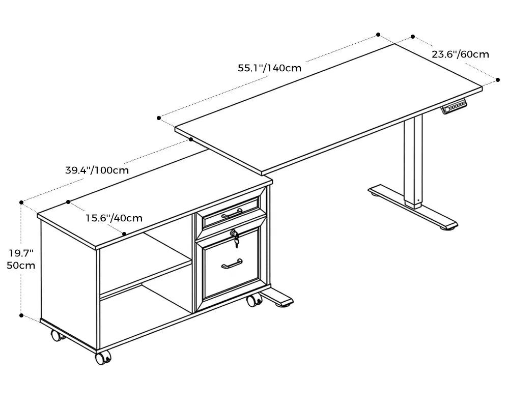 Line drawing of OffiGo I-shaped standing desk with file cabinet and product dimensions