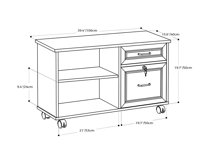 Line drawing of OffiGo mobile file cabinet with shelf, drawers, casters, and dimensions