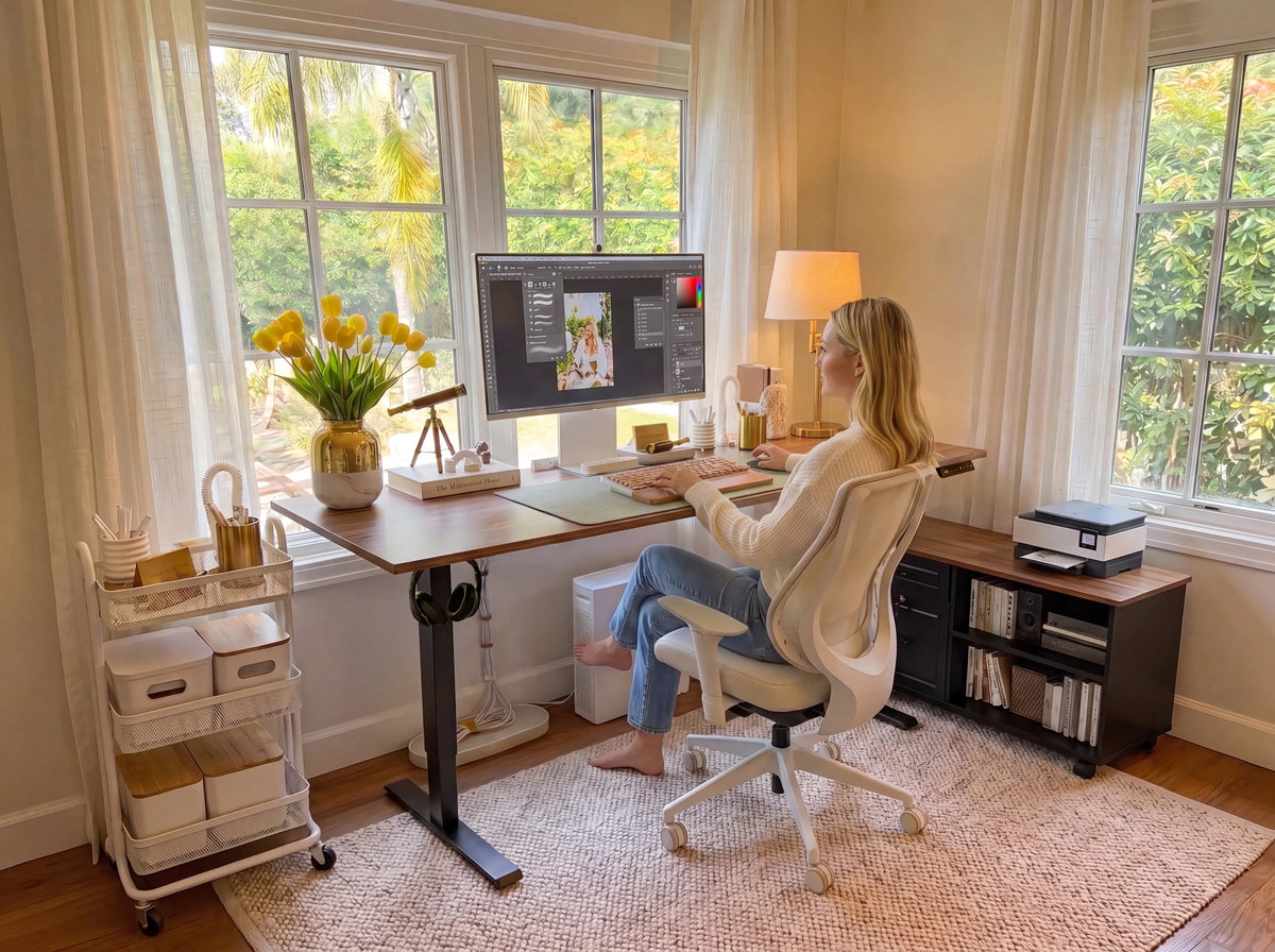 OffiGo height adjustable desk in a sunlit home office with printer storage and side cabinet