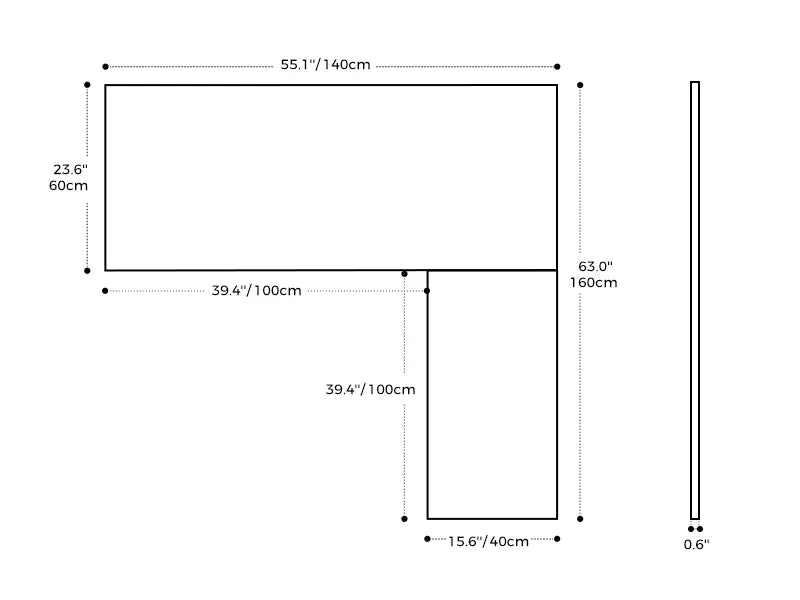 Line drawing of OffiGo standing desk desktop size and layout dimensions