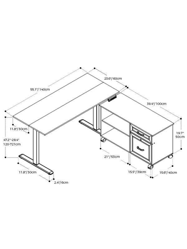 Vertical line drawing of OffiGo standing desk with file cabinet and full product dimensions