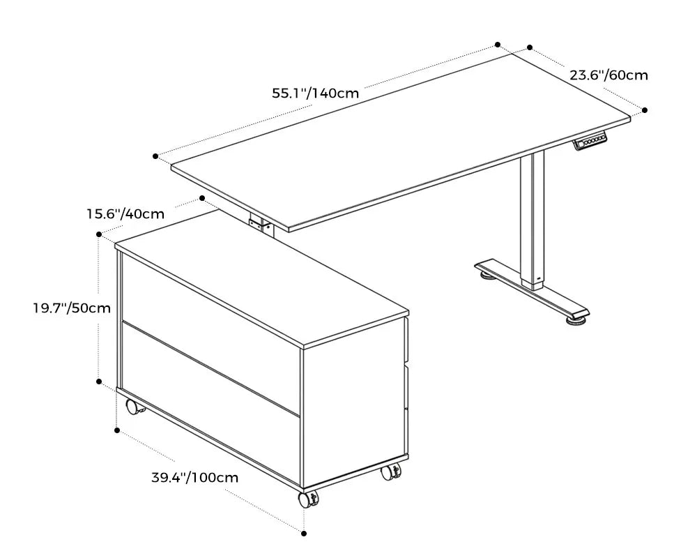 Line drawing of OffiGo standing desk with left-side storage cabinet and dimensions