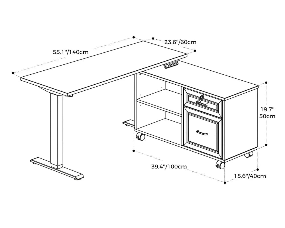 Line drawing of OffiGo standing desk with right-side storage cabinet and dimensions