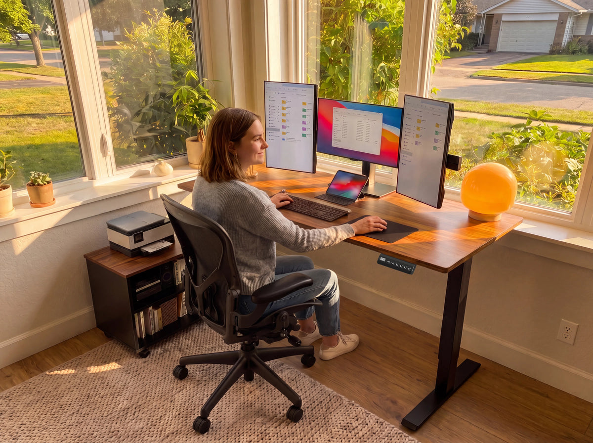 OffiGo standing desk in a bright home office with triple monitors, printer shelf, and storage cabinet