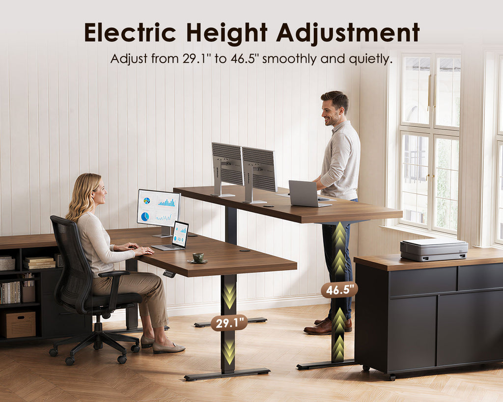 Seated and standing users at an OffiGo walnut-brown standing desk with black legs, illustrating electric height adjustment from 29.1 to 46.5 inches.