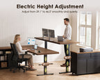 Seated and standing users at an OffiGo walnut-brown standing desk with black legs, illustrating electric height adjustment from 29.1 to 46.5 inches.