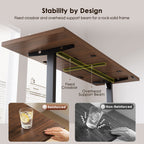 Underside of an OffiGo walnut-brown standing desk with a fixed crossbar and overhead support beam on the black frame, alongside reinforced and non-reinforced frame comparisons.