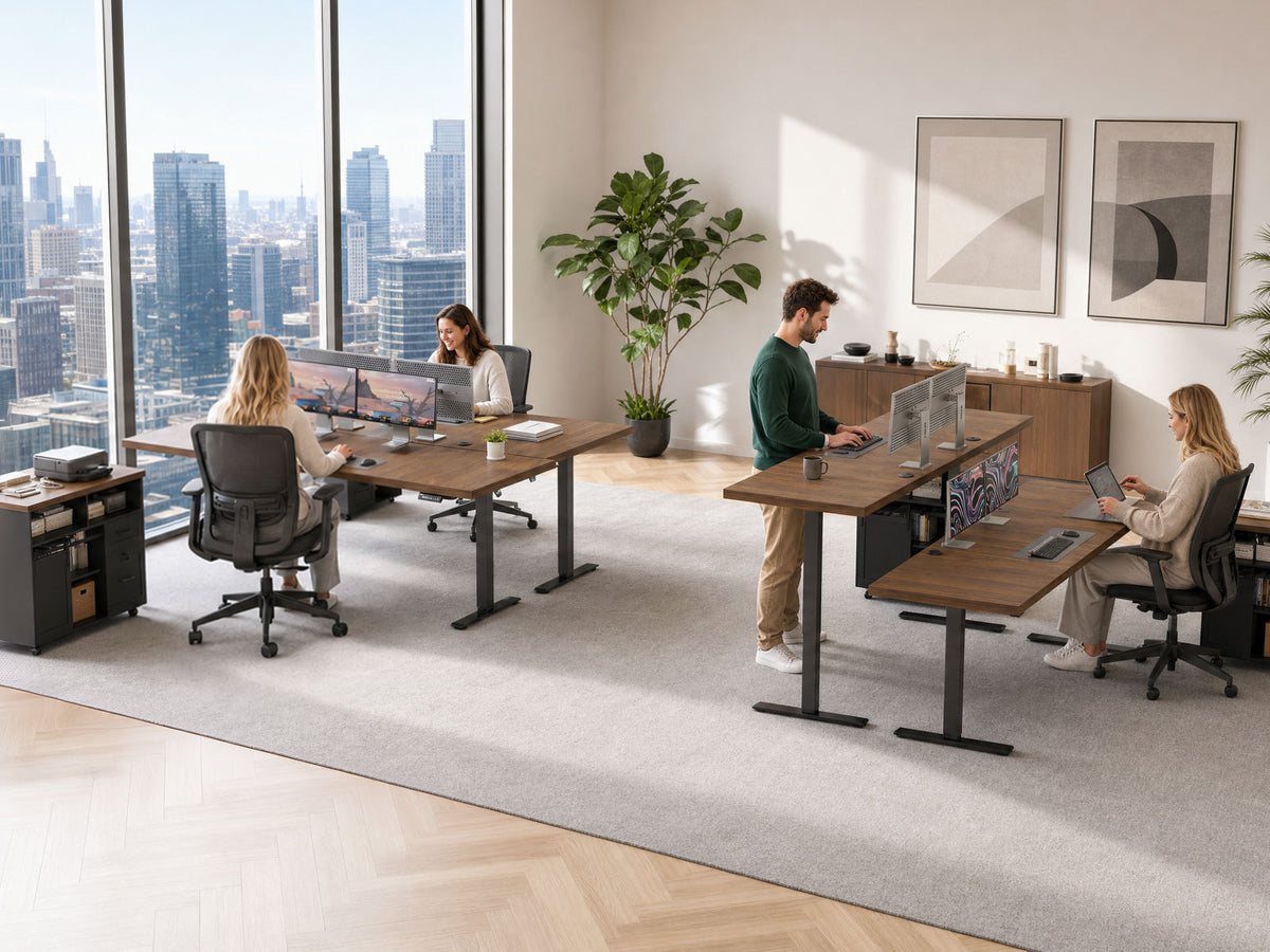 Shared office with seated and standing users at walnut-brown OffiGo standing desks with black frames and storage cabinets beside large windows.