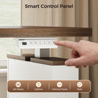 Close-up of the white controller beneath an OffiGo walnut-brown desktop, showing an LED height display, up and down buttons, three memory presets and a reset function.