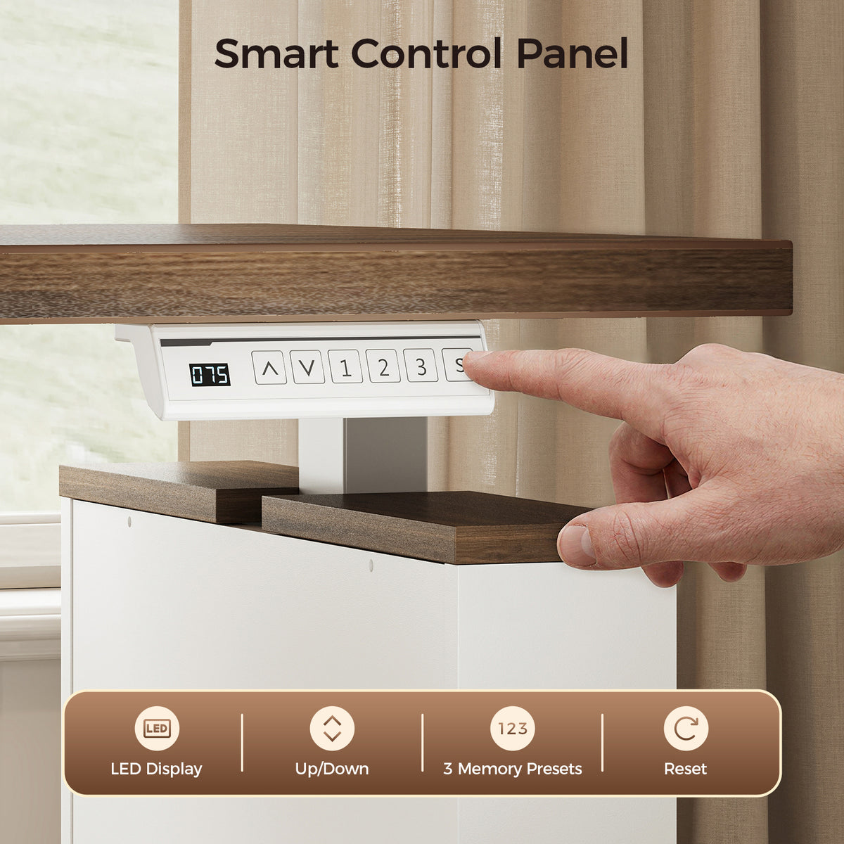 Close-up of the white controller beneath an OffiGo walnut-brown desktop, showing an LED height display, up and down buttons, three memory presets and a reset function.
