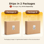 Two shipping cartons labeled Package A and Package B, illustrating separate-package delivery for an OffiGo farmhouse L-shaped standing desk.