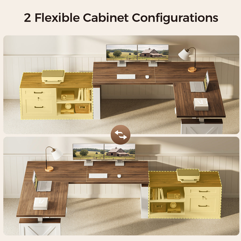 Two overhead configurations of an OffiGo walnut-brown farmhouse L-shaped standing desk with white supports, showing alternate left-side and right-side positions for the cabinet with open shelves and drawers.