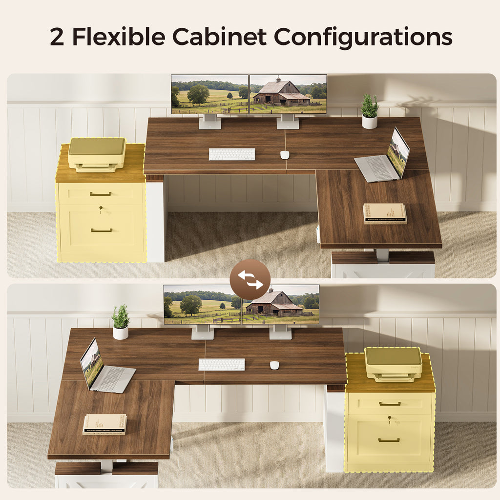 Two overhead configurations of an OffiGo walnut-brown farmhouse L-shaped standing desk with white supports, illustrating alternate left-side and right-side placements for the two-drawer file cabinet.