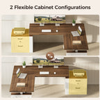 Two overhead configurations of an OffiGo walnut-brown farmhouse L-shaped standing desk with white supports, illustrating alternate left-side and right-side placements for the two-drawer file cabinet.