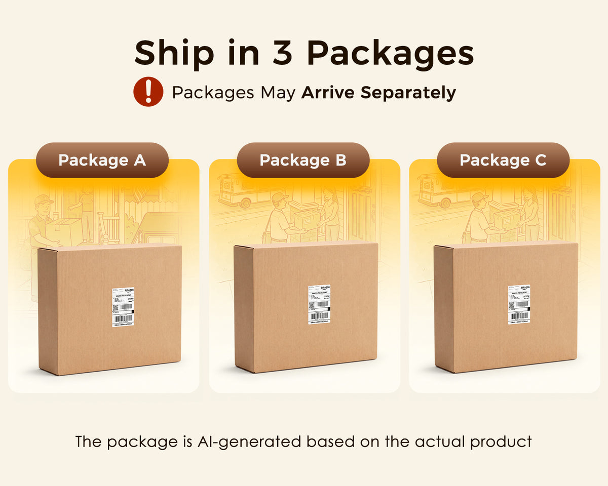 Three shipping cartons labeled Package A, Package B and Package C, illustrating separate-package delivery for an OffiGo farmhouse L-shaped standing desk with a file cabinet.