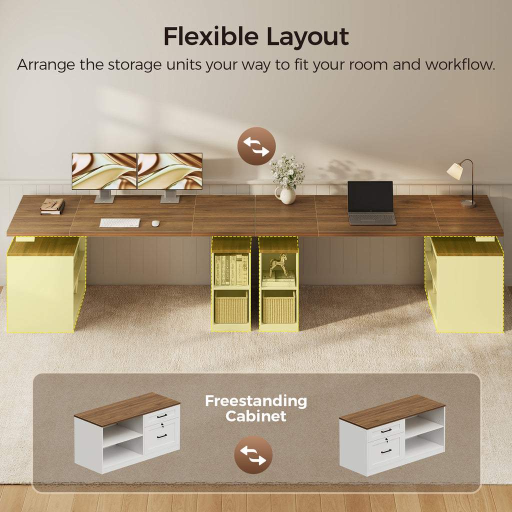 OffiGo walnut-brown standing desk with white freestanding storage units shown in alternate positions, illustrating flexible desk and cabinet arrangements.