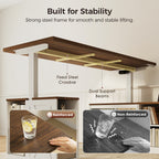 Underside of an OffiGo walnut-brown standing desk with a white frame, showing a fixed steel crossbar and dual support beams, with reinforced and non-reinforced frame comparisons.