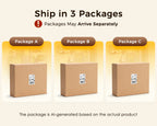 Three shipping cartons labeled Package A, Package B and Package C, illustrating separate-package delivery for an OffiGo farmhouse L-shaped standing desk with storage.