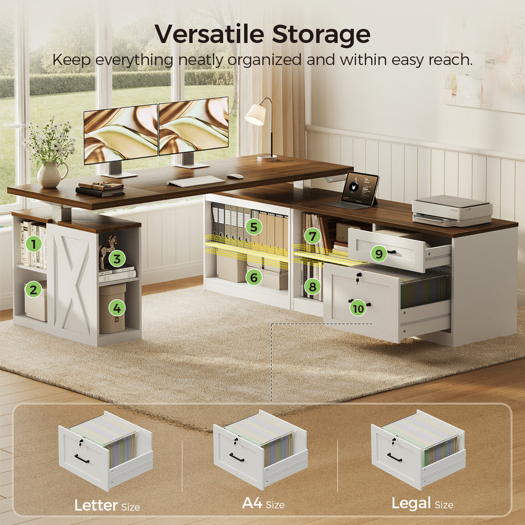 White storage units beneath an OffiGo walnut-brown L-shaped standing desk, highlighting ten numbered storage spaces, open shelves, drawers and hanging-file storage for Letter, A4 and Legal folders.