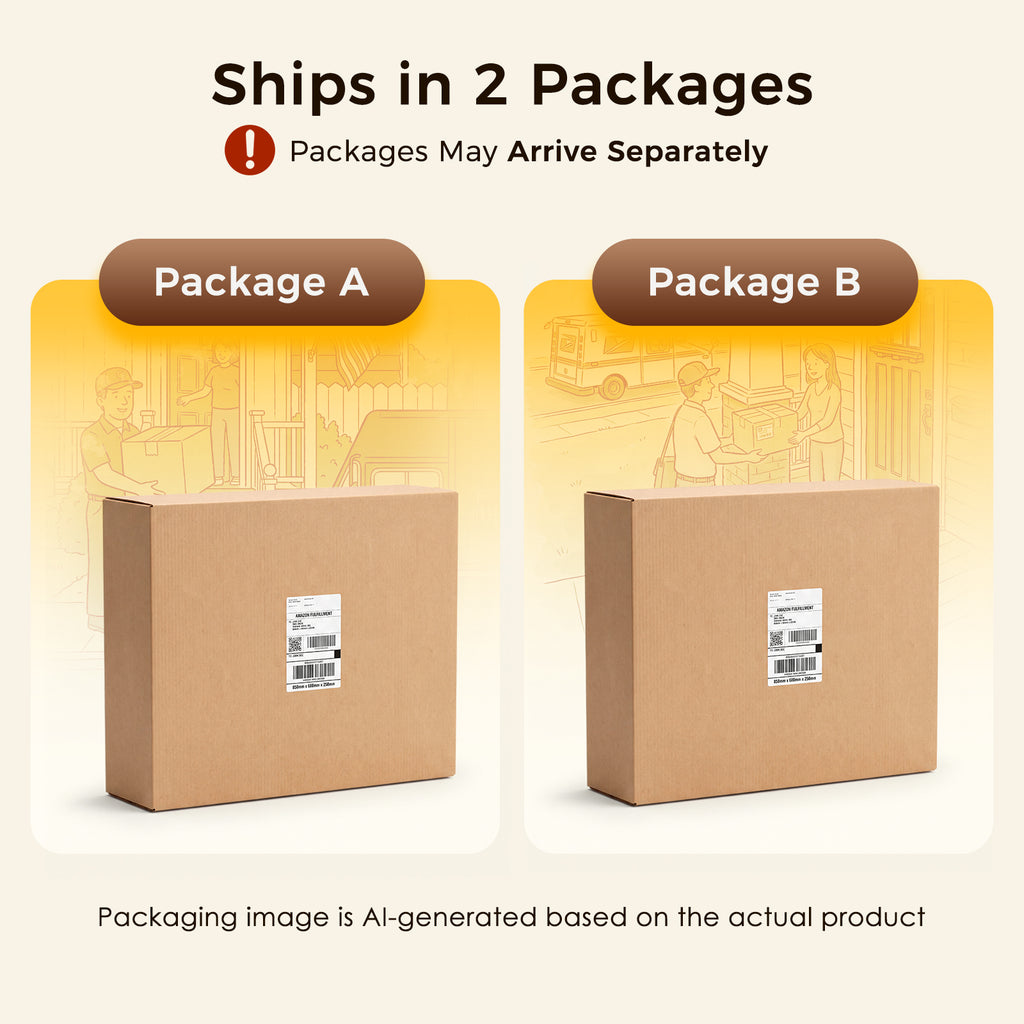 Two shipping cartons labeled Package A and Package B, illustrating separate-package delivery for an OffiGo farmhouse standing desk.