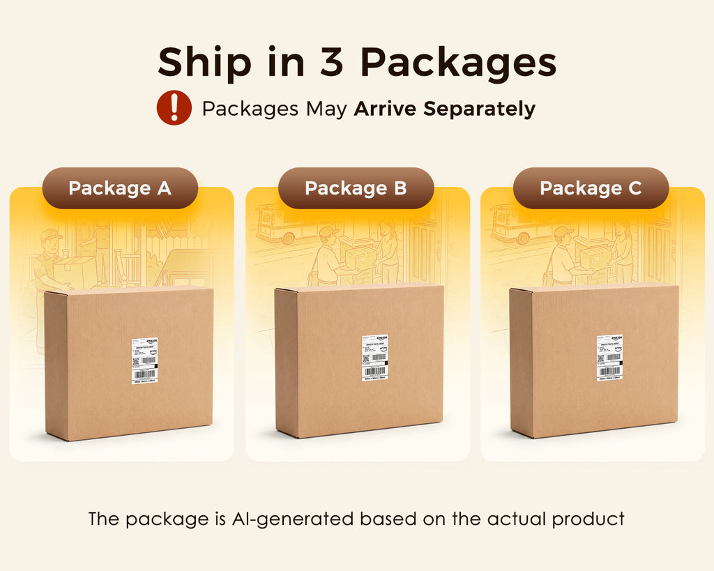 Three shipping cartons labeled Package A, Package B and Package C, illustrating separate-package delivery for an OffiGo farmhouse standing desk with a file cabinet.
