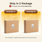 Two shipping cartons labeled Package A and Package B, illustrating separate-package delivery for an OffiGo farmhouse standing desk with open storage.