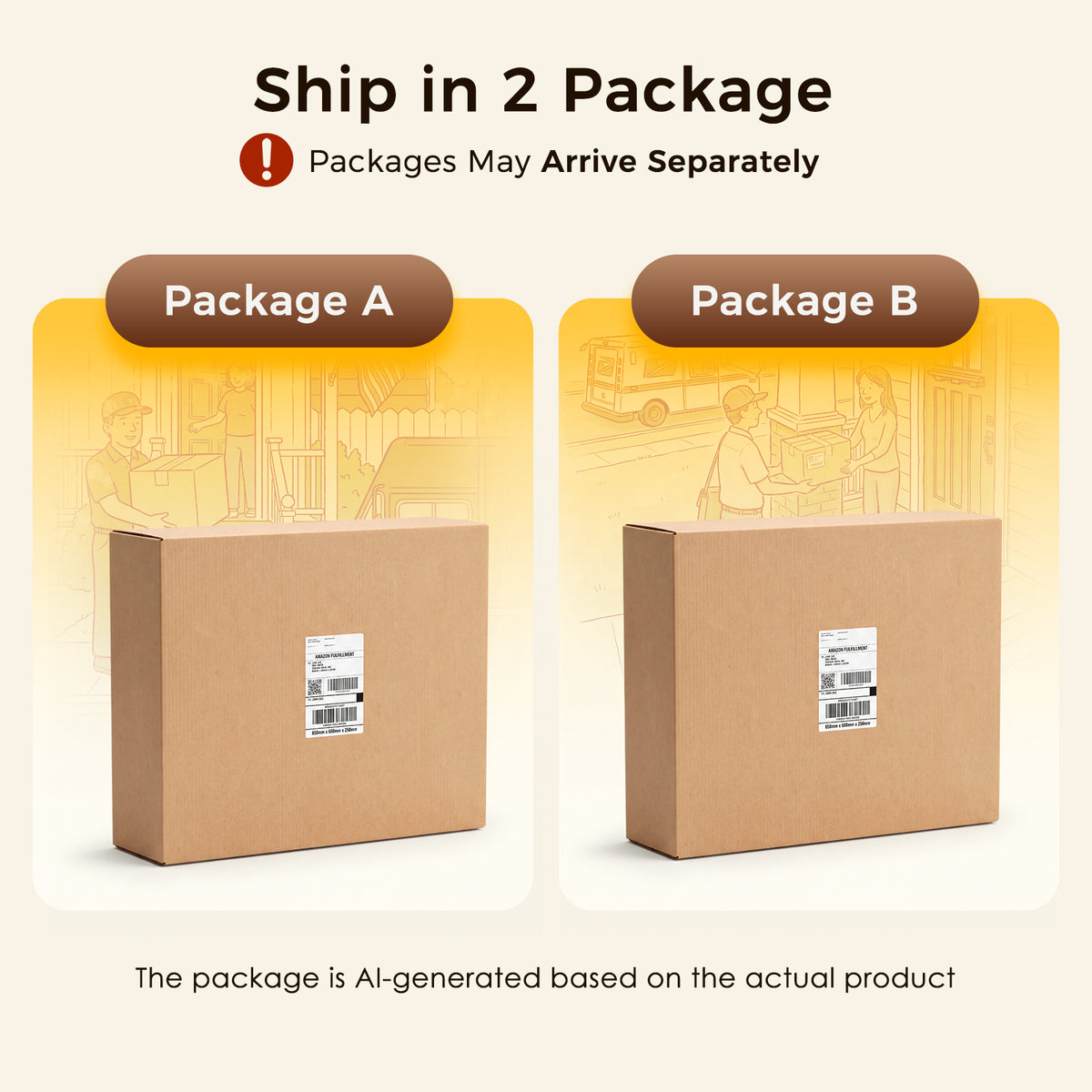 Two shipping cartons labeled Package A and Package B, illustrating separate-package delivery for an OffiGo farmhouse standing desk with open storage.