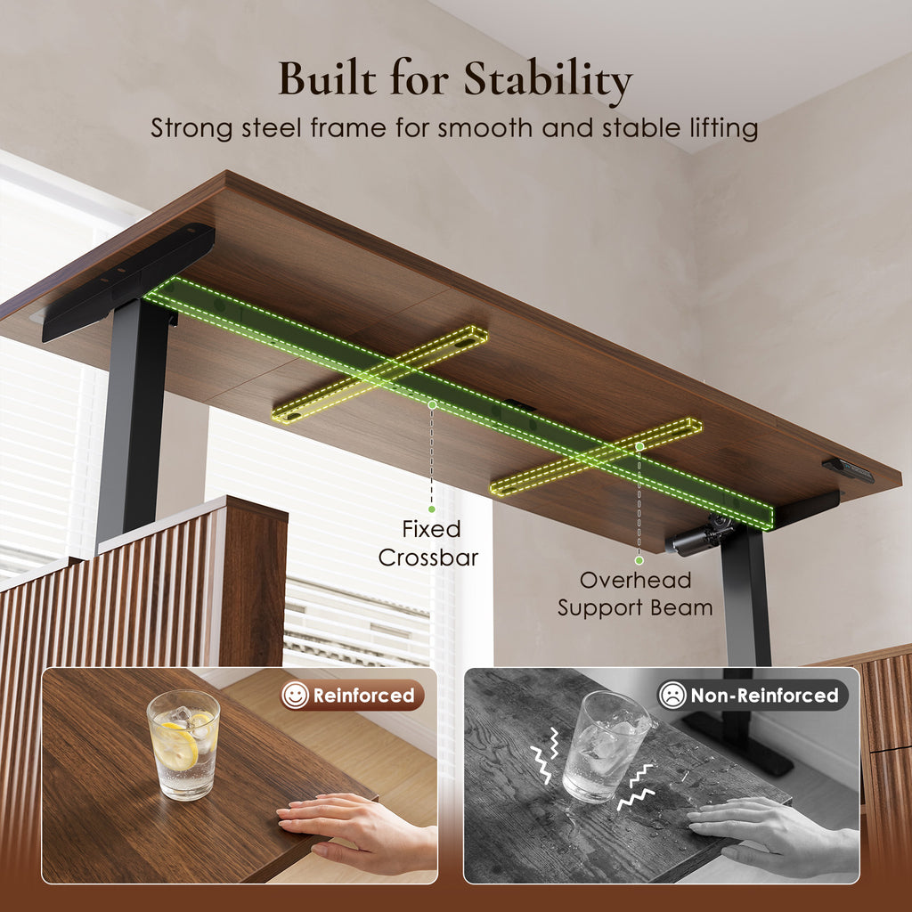 Underside of the walnut-brown desktop with a fixed crossbar and support beam on the brown frame, alongside reinforced and non-reinforced frame comparisons.