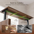 Underside of the walnut-brown desktop with a fixed crossbar and support beam on the brown frame, alongside reinforced and non-reinforced frame comparisons.