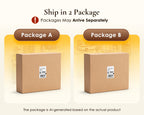 Two shipping cartons labeled Package A and Package B, illustrating separate-package delivery for the OffiGo standing desk with storage.