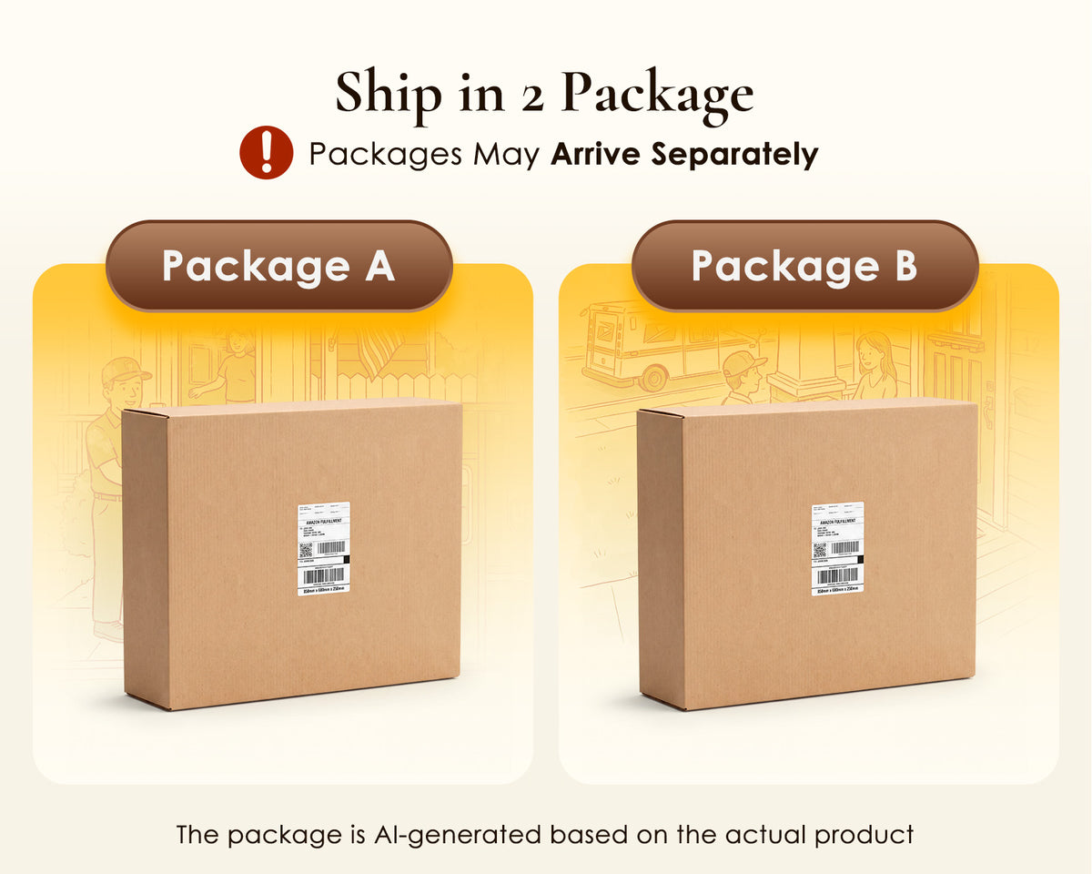 Two shipping cartons labeled Package A and Package B, illustrating separate-package delivery for the OffiGo standing desk with storage.