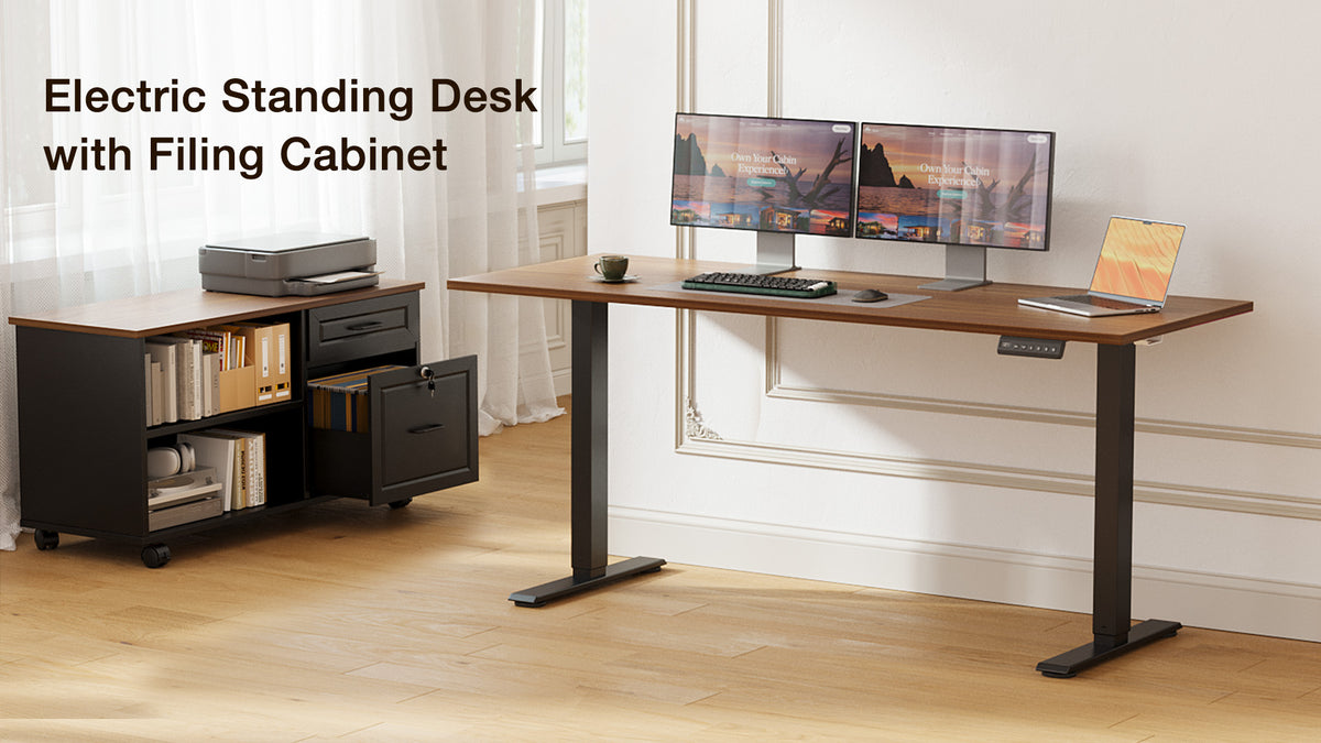 OffiGo 55″ L-Shaped Height Adjustable Standing Desk with Large Movable Storage Cabinet for Office Workstations